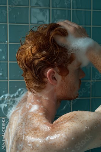 portrait of a man with wet red hair and a freckled back is in shower