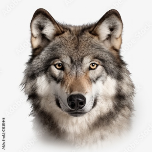 Close-up of a wolf against a white background.