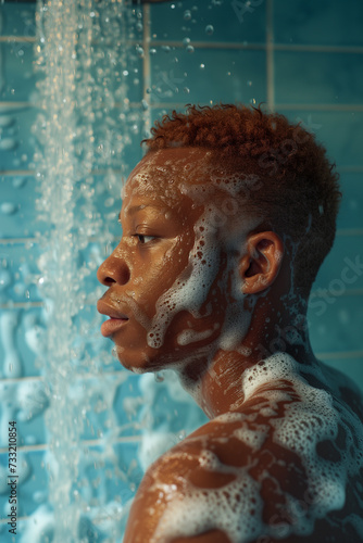portrait of an African  man with freckles and wet short hair in shower. © aciddreamStudio