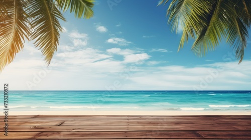 Seascape with waves  palm leaves  a blue sky with clouds  and an empty wooden floor.