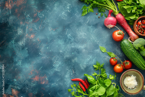 Raw organic vegetables with fresh ingredients for healthily cooking on vintage background, top view, banner.