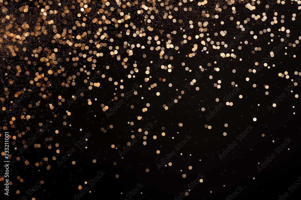 Golden confetti falling on a black background. Sparkling Christmas Lights Illuminating a Background with Delicate Particles 