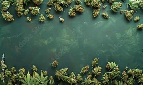 Overhead flat lay of dried cannabis marijuana buds on a matte dark green background, generative ai © Naseem