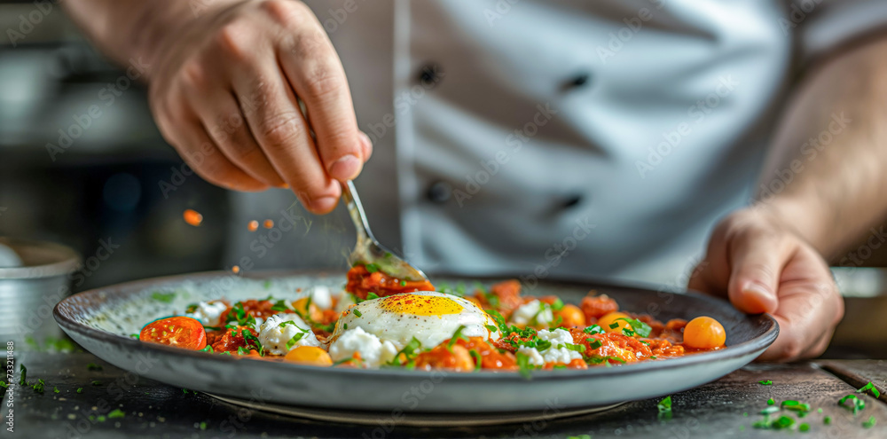 Chef's Specialty: Hearty Shakshuka with Fresh Eggs, Tomato, and Chopped Herbs on a Plate
