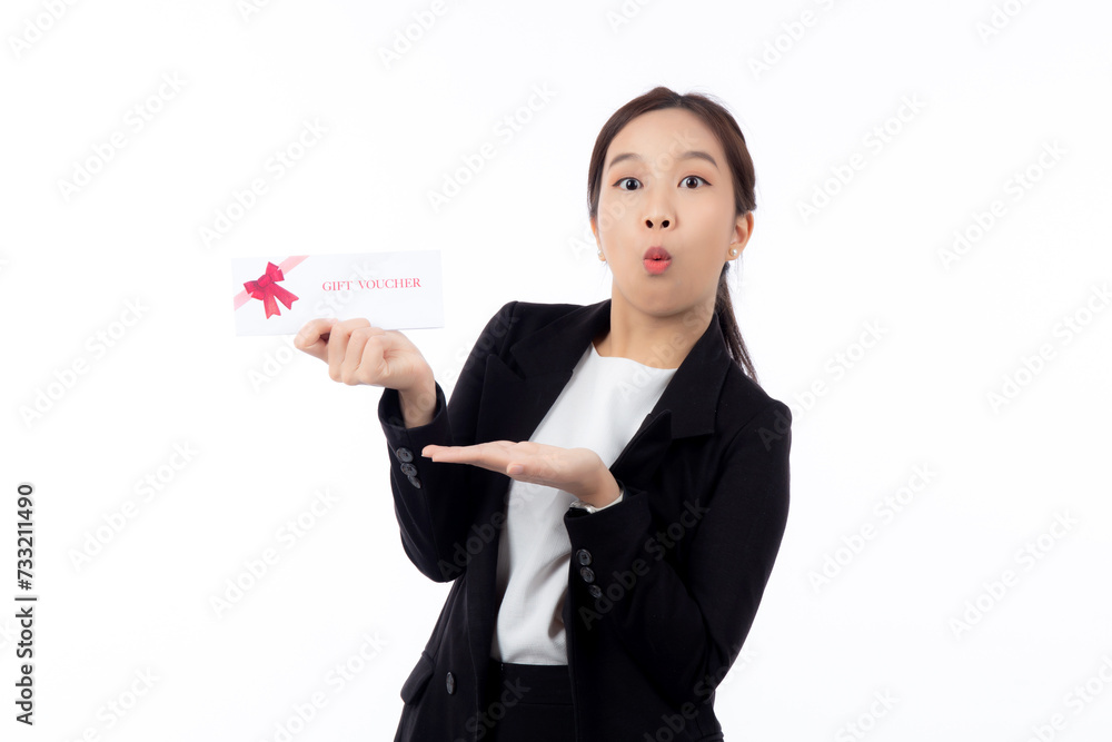 Portrait happiness beautiful young asian businesswoman showing and present gift voucher or coupon with satisfied isolated white background, business woman shopping, discount sale and promotion. Portrait happiness beautiful young asian businesswoman showing and present gift voucher or coupon with satisfied isolated white background, business woman shopping, discount sale and promotion.