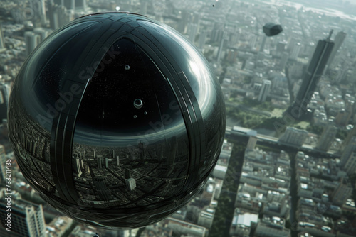 A black spaceship image showing the city below.