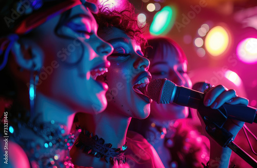 happy friends sing karaoke in a club