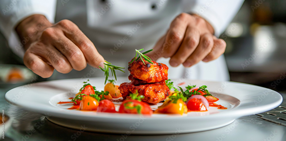 Chef Sprinkling Herbs over Chicken Tikka Masala for Perfect Presentation
