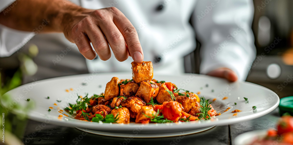 Chef Perfecting a Plate of Indian Chicken Tikka Masala with Fresh Herbs
