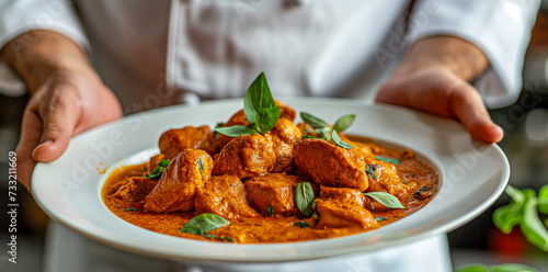 Chef Garnishing Authentic Chicken Tikka Masala with Herbs on Elegant White Plate 