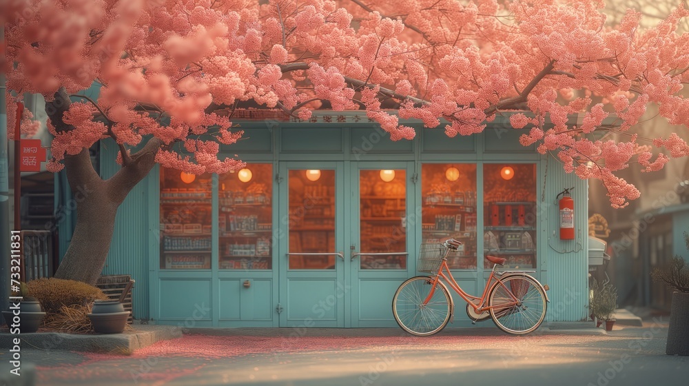 Rower zaparkowany przed sklepem pod rozkwitniętym drzewem wiśni - obrazy, fototapety, plakaty 