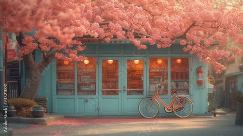Rower zaparkowany przed sklepem pod rozkwitniętym drzewem wiśni