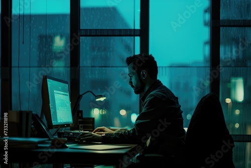 Dedicated Professional Working Late in Modern Office Setting with City Lights Background