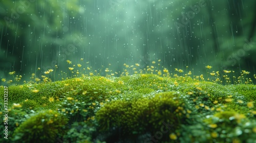 Gęsty deszcz pada na bujne zielone runo leśny, w tle ledwo widoczny las i drzewa