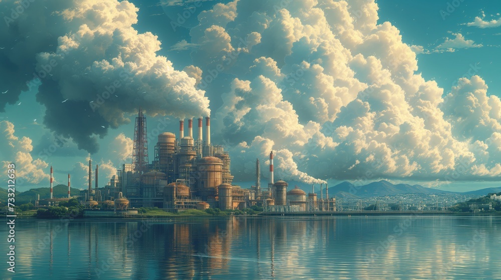 Fabryka z chmurą białego dymu nad wodą, piękna sceneria - obrazy, fototapety, plakaty 
