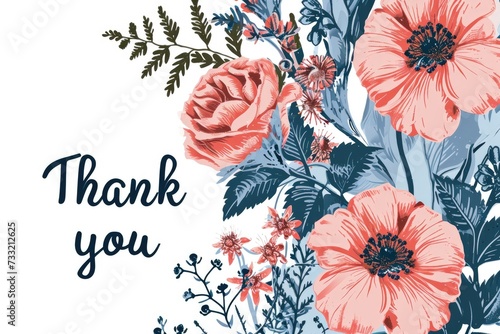 A beautiful greeting card featuring the phrase  Thank You  surrounded by a decorative floral border with soft pastel tones
