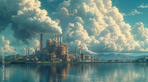 Fabryka z chmurą białego dymu nad wodą, piękna sceneria