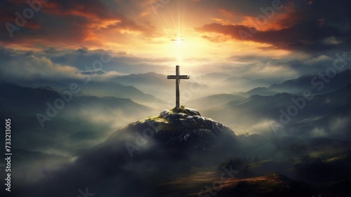 Holy cross symbolizing the death and resurrection of jesus christ with dramatic sky view photo