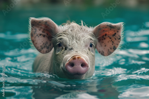 A cute pig swimming in the water