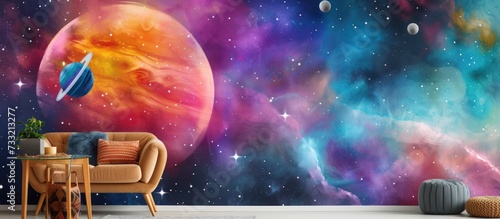 Illustration cosmic scene with planets and nebulae on vibrant watercolor for wallpaper. Generated AI photo