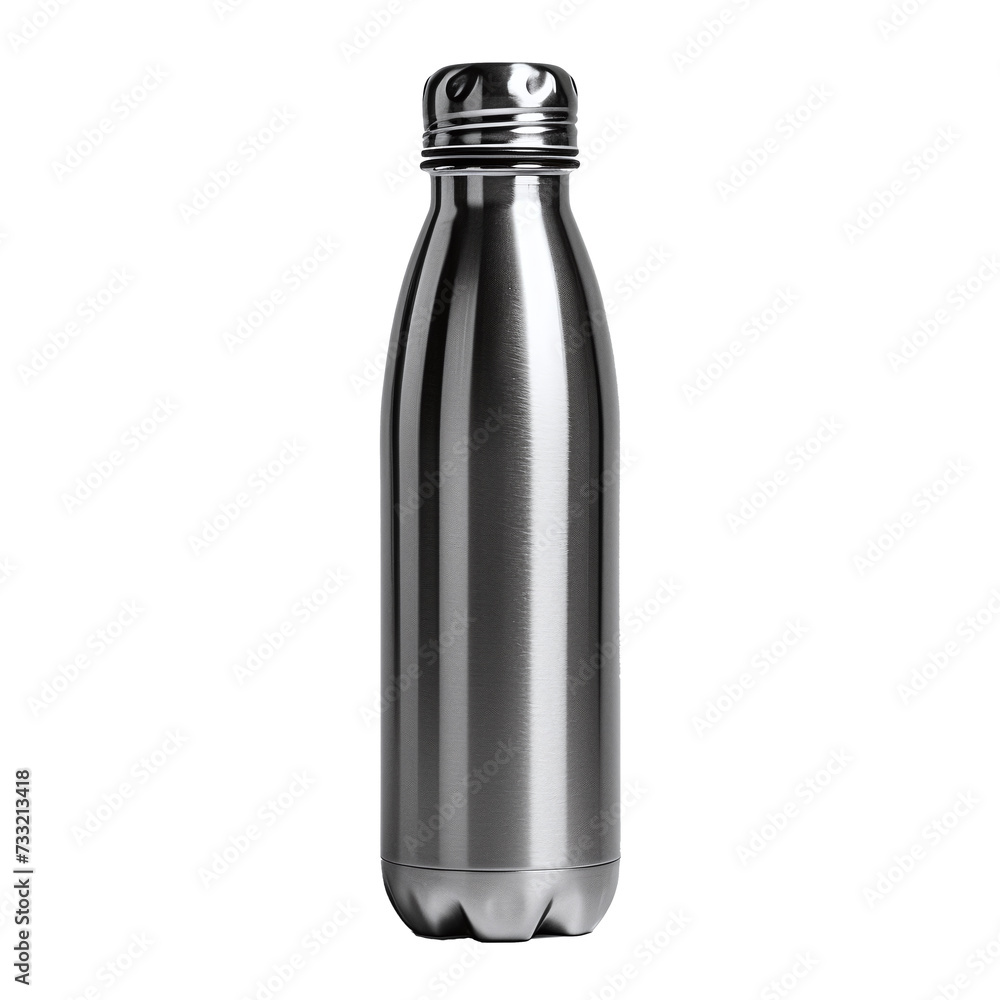 A reusable stainless steel water bottle isolated on transparent background A reusable stainless steel water bottle isolated on transparent background