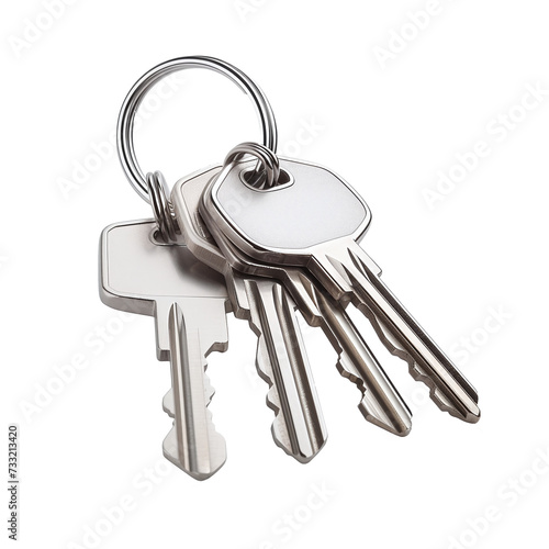 A set of shiny metal house keys with an elegant keychain isolated on transparent background