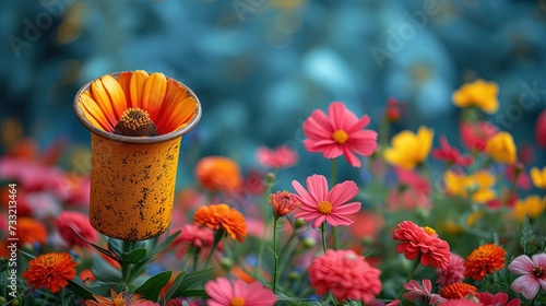 Pole kwiatów z żółtym megafonem w którym rośnie kwiat. Symbol ogłoszeń promocji zakupowych wiosennych