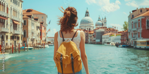 Young traveler woman exploring famous landmarks. Back view of female tourist on sunny vacation day