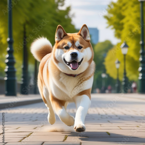 Akita Inu dog running wildly in a park with open mouse. Generative AI