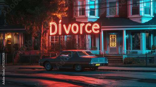 Divorce, written in neon sign letters in front of a house in a residential neighborhood