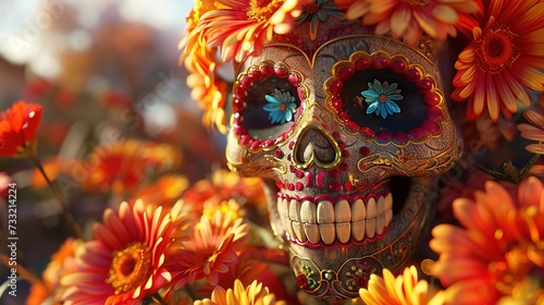 Calavera (Sugar Skull) for Dia de Los Muertos (Day of the dead) intricate and ornate style with flowers and skulls, generative ai