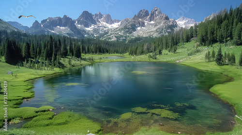 A majestic mountain range backdrop  with snow-capped peaks rising against a clear blue sky  showcasing rugged terrain  alpine meadows  and soaring eagles