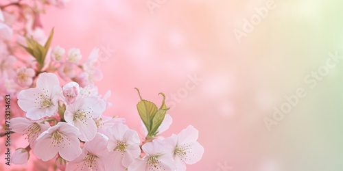 Spring background. Soft gradient background transitioning from the pale pink of cherry blossoms to the fresh green of new leaves, with space for text © mikeosphoto