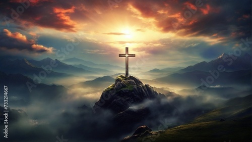 Holy cross symbolizing the death and resurrection of jesus christ with dramatic sky view