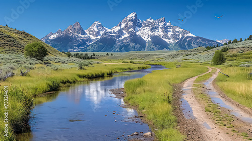 A majestic mountain range backdrop, with snow-capped peaks rising against a clear blue sky, showcasing rugged terrain, alpine meadows, and soaring eagles