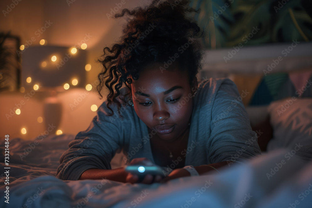 Young black woman lay on her bed looking at her phone. AI generative