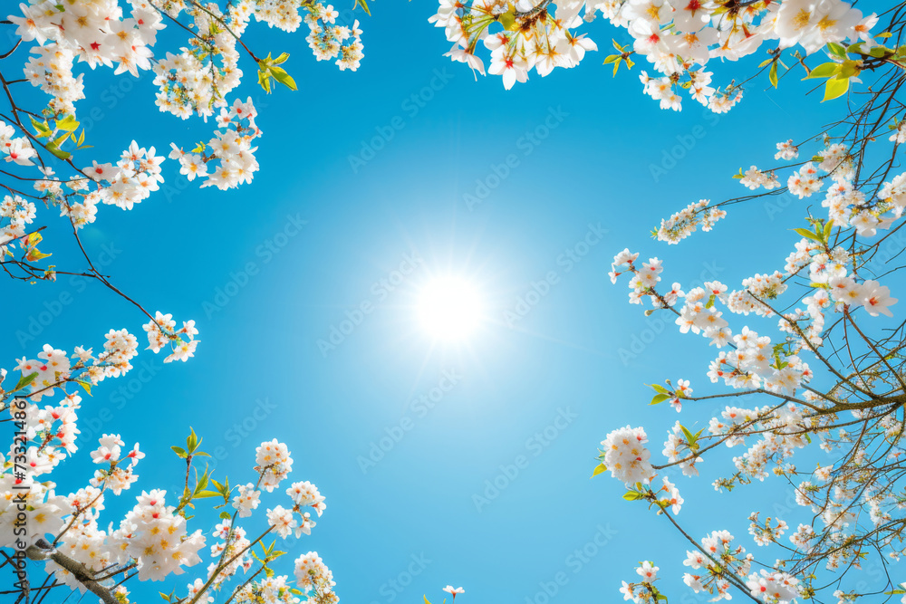 Cherry blossoms framing a radiant spring sun in a clear blue sky Cherry blossoms framing a radiant spring sun in a clear blue sky