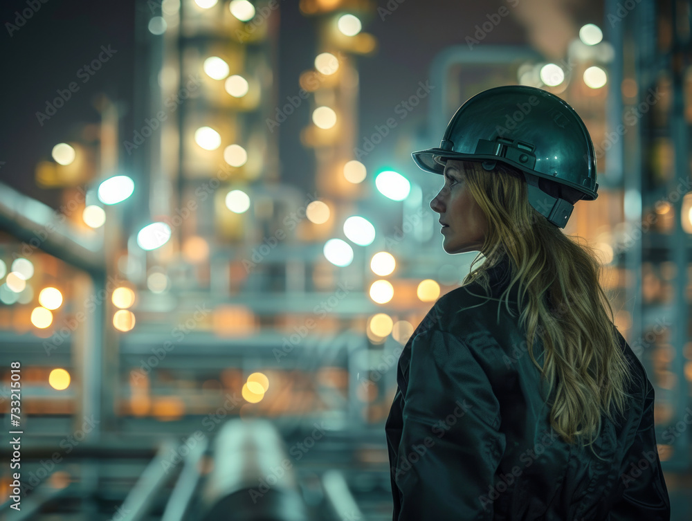 Engineer Contemplating Refinery Operations.
Female engineer in a hard hat facing the bright lights of refinery operations. Engineer Contemplating Refinery Operations.
Female engineer in a hard hat facing the bright lights of refinery operations.