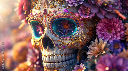 Calavera (Sugar Skull) for Dia de Los Muertos (Day of the dead) intricate and ornate style with flowers and skulls, generative ai