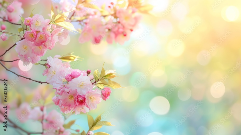Fototapeta premium Spring background. Soft gradient background transitioning from the pale pink of cherry blossoms to the fresh green of new leaves, with space for text