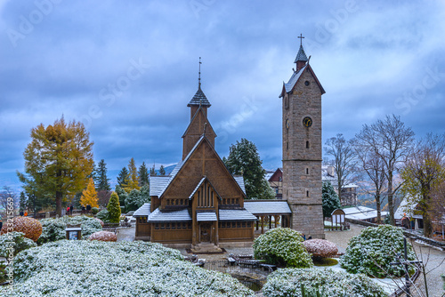 Old wooden church builded in nordic style. Church is placed in Karpacz in Poland