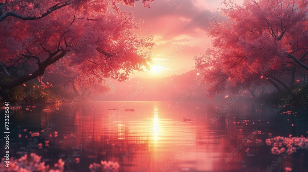 Zachodzi słońce nad jeziorem z różowymi kwiatami - obrazy, fototapety, plakaty 
