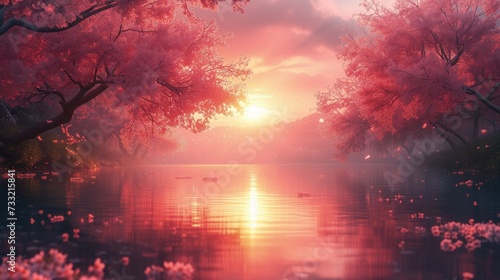 Zachodzi słońce nad jeziorem z różowymi kwiatami