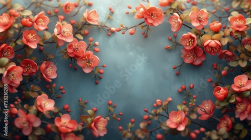 Obraz polskich czerwonych kwiatów na niebieskim tle. Ramka, tapeta © Artur