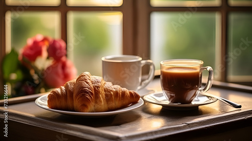 Cozy Breakfast Scene  Freshly Brewed Cappuccino   Butter Croissants on Rustic Tray   Soft Morning Light  Steam  and Flaky Texture