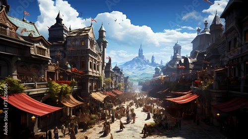 A top view of a vibrant street market with colorful stalls and shoppers, with blue skies and fluffy clouds above, capturing the liveliness and diversity of a bustling marketplace