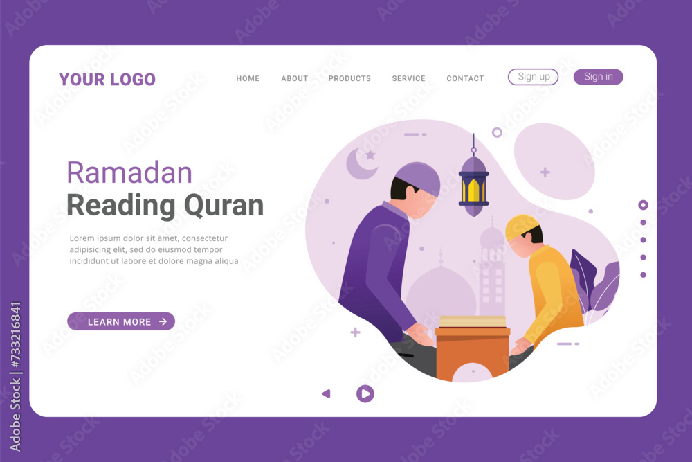 The father teaches his boy read and understand the Quran in month of ramadan on landing page. Flat vector cartoon illustration ramadan kareem The father teaches his boy read and understand the Quran in month of ramadan on landing page. Flat vector cartoon illustration ramadan kareem