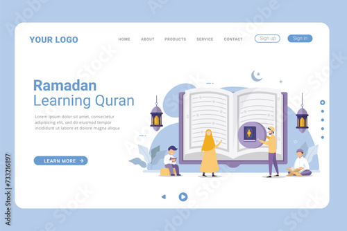 Read and learn the Quran more in the month of Ramadan vector illustration on landing page. Flat vector cartoon illustration ramadan kareem