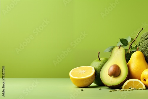 Fresh fruits avocado and lemon on a green background with copy space.