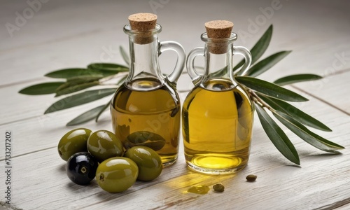 Wholesome Indulgence: Olive Oil and Branch on Weathered Table